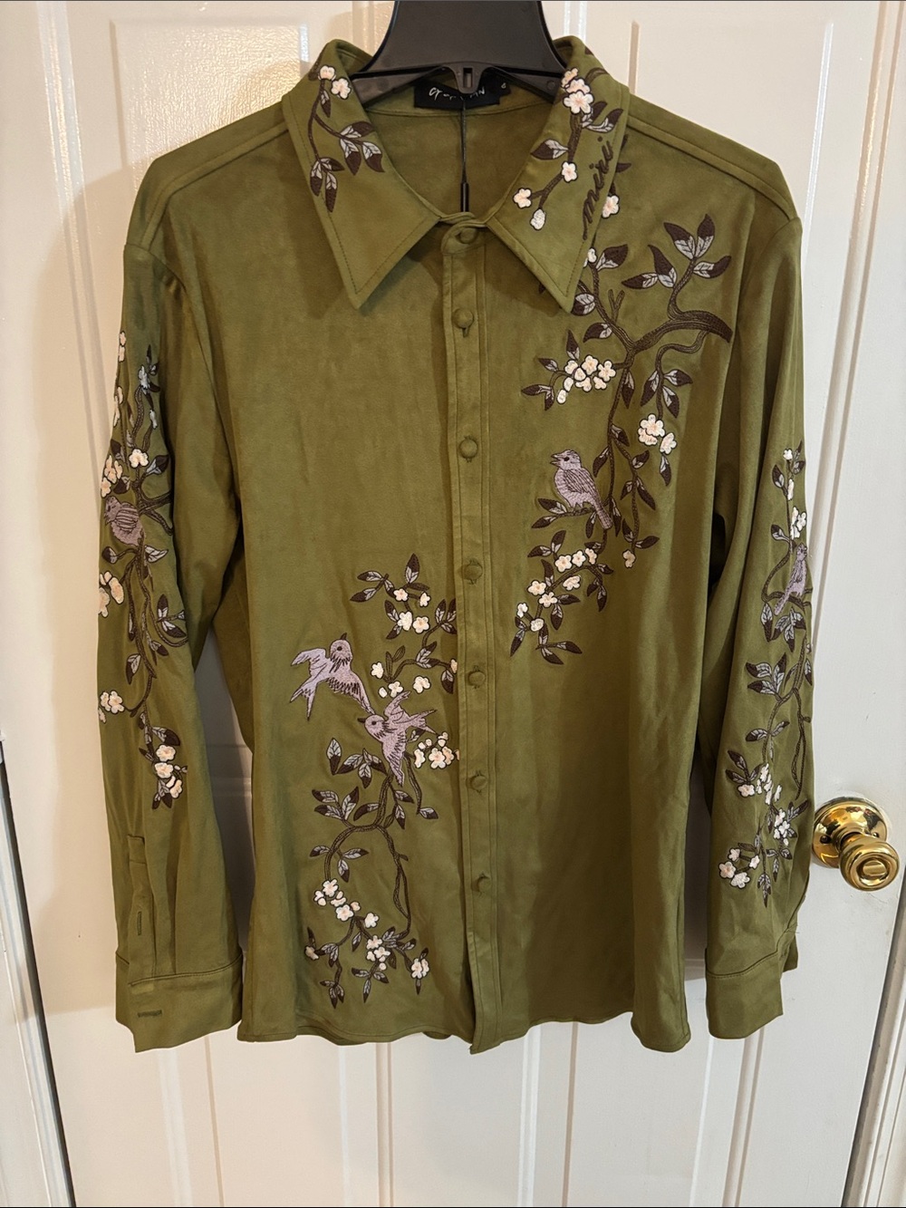 Feminine Olive Embroidered Ultrasuede Button-Up Shirt with Flowers & Bird Motif